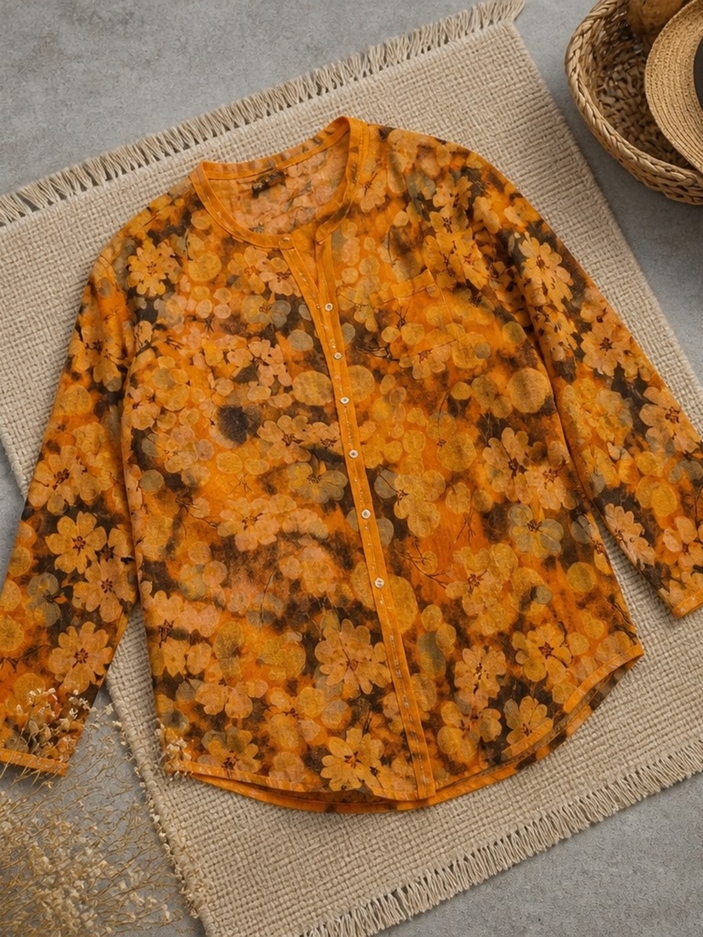 100% Linen Floral Button-Front Blouse in Orange